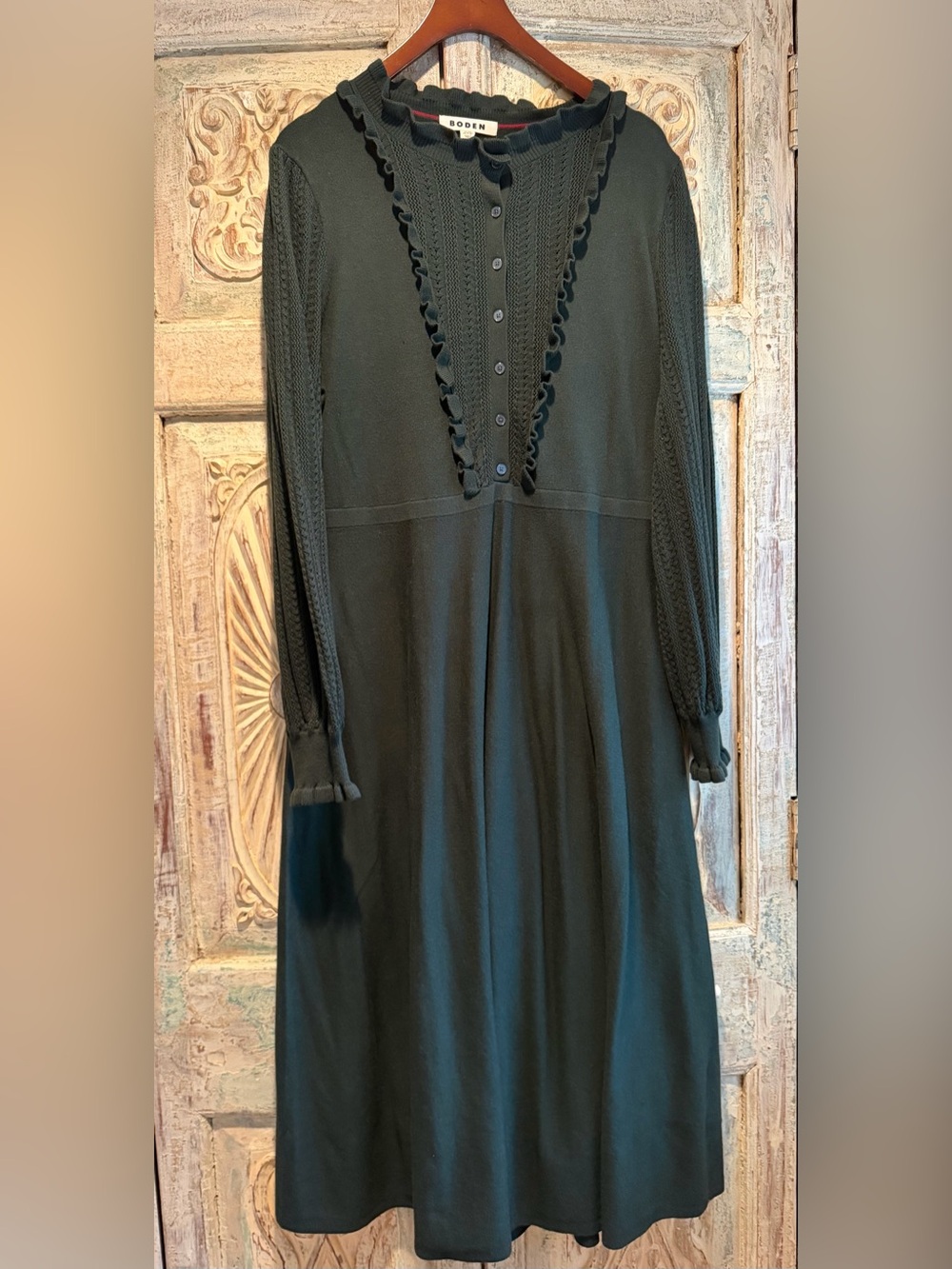 Like New Boden Winifred Pointelle Ruffle-Trim Knit Dress, Dark Green /16-18 US/